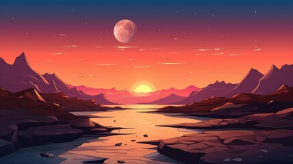 Enchanting Sunset Landscape, Serene Nature Scene with Mountains and Moon