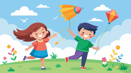 Obraz na płótnie Canvas flying-kite--illustration-of-girl-and-boy-with-a-k