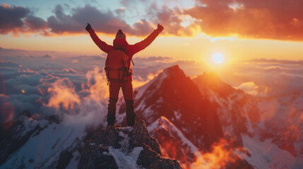 Successful man stand top of alps mountain. Fun adventure. Hiker achieve high rock peak. Travel success freedom motivation concept. Tourist climber go hike enjoy view. Backpacker explore epic journey. - Powered by Adobe