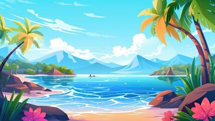 Fototapeta na wymiar Tropical Paradise: Vibrant Cartoon Beachscape with Waves and Palms