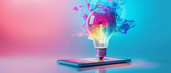Foto op Aluminium Light bulb overflowing with colorful apps, tablet and smartphone floating, creativity in tech © thowithun