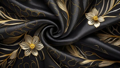 golden floral background, Black  cloth, silk satin velvet, with floral shapes, gold threads