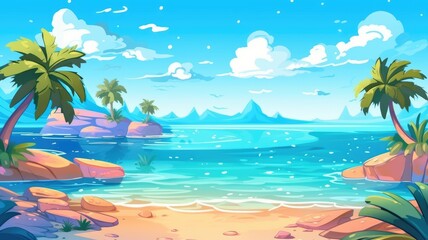 Fototapeta na wymiar Tropical Paradise Beach Cartoon Illustration - Vibrant Colors, Palm Trees, Ocean View
