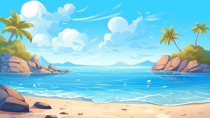 Tropical Paradise Beach Cartoon Illustration - Vibrant Colors, Palm Trees, Ocean View
