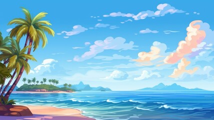 Fototapeta na wymiar Tropical Paradise Beach Cartoon Illustration - Vibrant Colors, Palm Trees, Ocean View