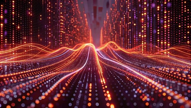 Digital data stream background with binary code and glowing lights