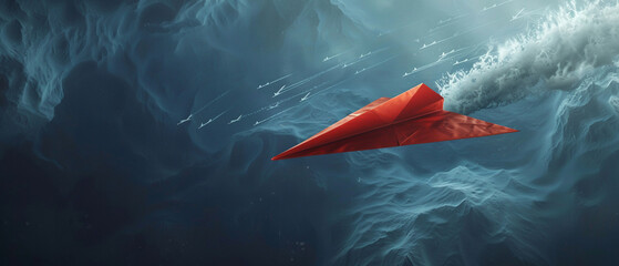Vanguard of change, a red paper plane soars ahead of the white fleet , realistic, hyper resolution, ultra clar - obrazy, fototapety, plakaty