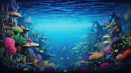 Fototapeta na wymiar Underwater world panorama landscape, Enchanted Underwater Ecosystem, A Vibrant and Colorful Marine Life Illustration