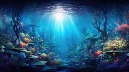 Underwater world panorama landscape, Enchanted Underwater Ecosystem, A Vibrant and Colorful Marine Life Illustration