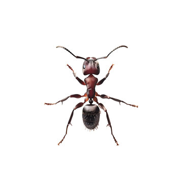 Small black ant isolated on white background with green leafClose-up image of isolated ants, including black and green ones, on a white background