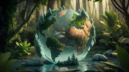 Fototapeta premium Earth globe made from water and moss the earth in the forest background, earth day concept, background wallpaper with copy space