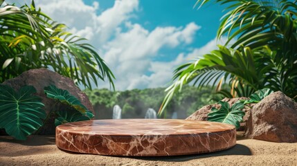 Round brown marble pedestal for product stand surrounded by lush green tropical foliage and natural rock with blue sky