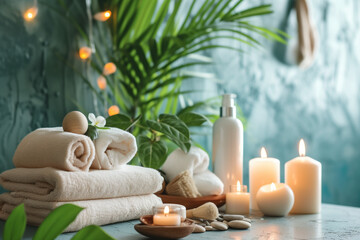 Fototapeta na wymiar Serene spa setting with candles, essential oils, and frangipani flowers for relaxation.