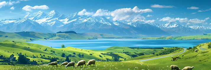 Road less traveled: A Serene Vista of New Zealand's Landscapes featuring Green Pastures, Azure...