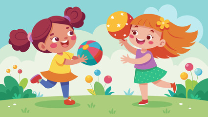 Obraz na płótnie Canvas girls-playing-ball--two-happy-little-girls-play-wi