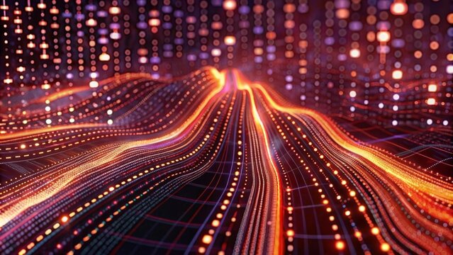 Digital data stream background with binary code and glowing lights