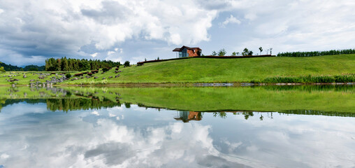 The cabin is by the lake