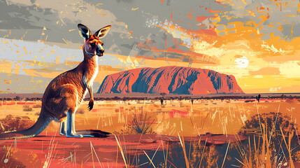 Australian kangaroo and Uluru sandstone.Australian, generative ai - obrazy, fototapety, plakaty