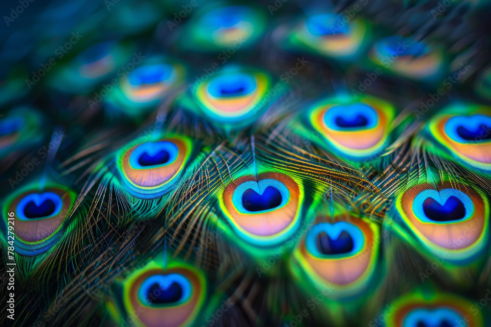 Poster a close up of a peacock's feathers, showcasing the vibrant colors and intricate patterns. the feathe
