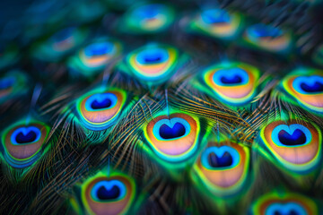 Obraz premium A close up of a peacock's feathers, showcasing the vibrant colors and intricate patterns. The feathers are arranged in a way that creates a sense of movement and depth. wallpaper of peacock feathers