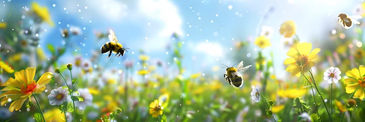 Fotobehang Bees flying in the air above flowers on a green meadow, during spring time in a nature landscape with bees and wildflowers on a sunny day. © john