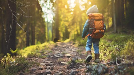Adventure style, child hiking, forest and backpack, left-aligned composition, morning outdoor lighting