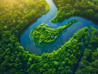 Aerial view of a winding river through a lush green forest
