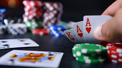 Card sharp at poker table, focus on left, copy space right - obrazy, fototapety, plakaty