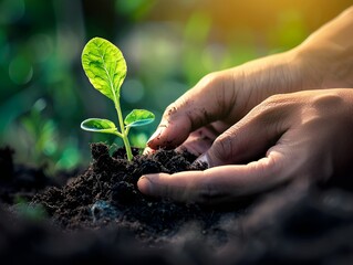 Close-up photo of hands planting a seedling in soil