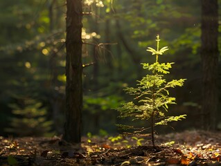 Natural light photo of a young tree in a forest with sunlight filtering through the leaves