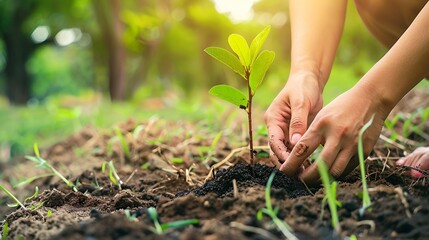 Close-up photo of hands planting a seedling in soil	
