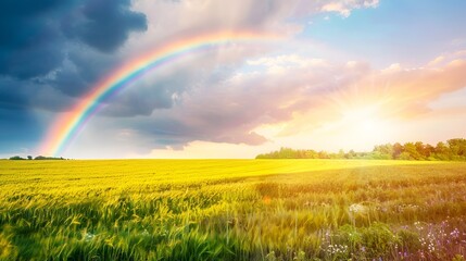 Photo of a rainbow over a field with copy space on the right