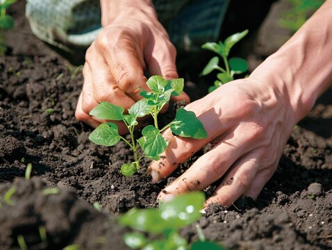 Close-up photo of hands planting a seedling in soil