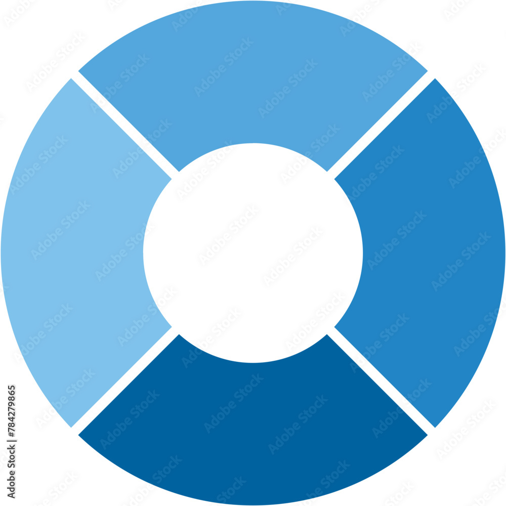 Poster separate blue gradient doughnut graph pie charts icon with 4 parts. graphic flat design vector illus
