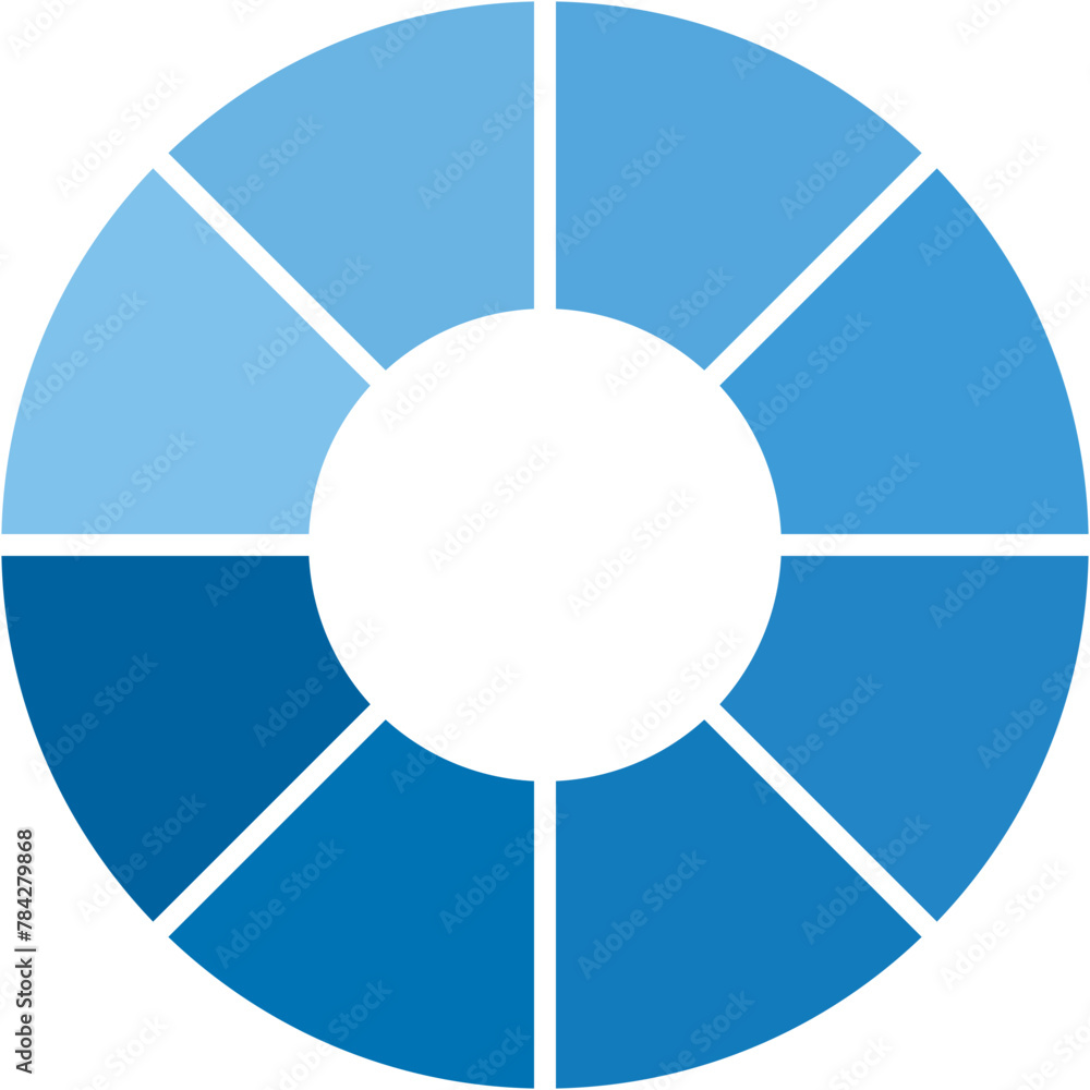 Poster separate blue gradient doughnut graph pie charts icon with 8 parts. graphic flat design vector illus