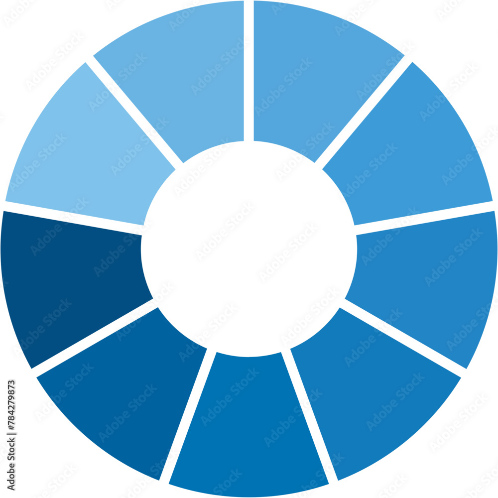 Poster separate blue gradient doughnut graph pie charts icon with 9 parts. graphic flat design vector illus