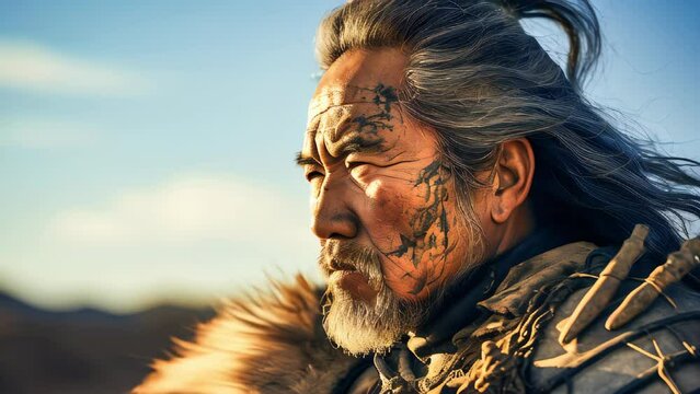 An old Mongol warrior in the Mongolian steppe