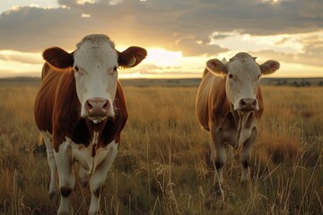 Cows grazing in a field at sunset - obrazy, fototapety, plakaty