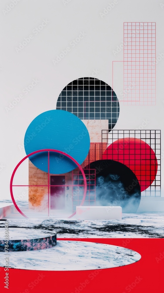 Poster vibrant array: a kaleidoscope of colorful objects on a crimson floor
