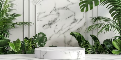 A white marble podium is surrounded by tropical plants in a landscape setting