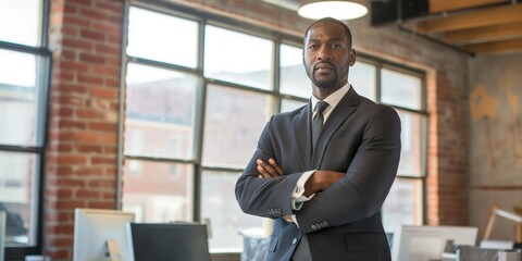 Confident African American businessman with crossed arms in a modern office.