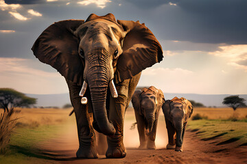 Elephant family playing in Serengeti National Park - obrazy, fototapety, plakaty