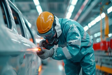 A focused auto mechanic wearing a safety helmet and mask skillfully paints a car in a well-lit industrial garage, highlighting the attention to detail and craftsmanship of the bodywork. - obrazy, fototapety, plakaty