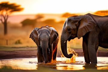 Elephant family playing in Serengeti National Park