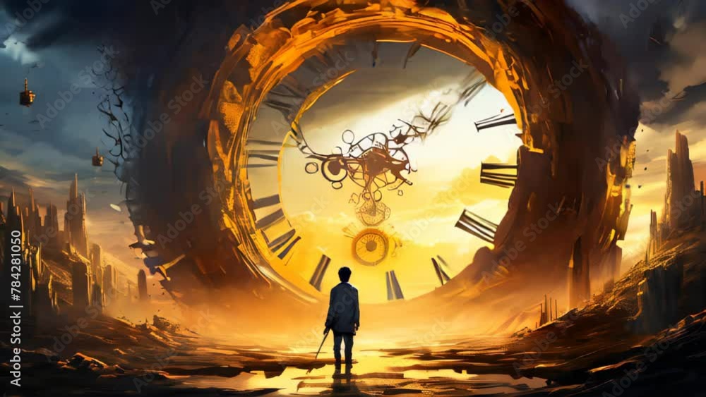 Poster a man standing in front of a giant clock. surreal time loop, time travel or time related animation.