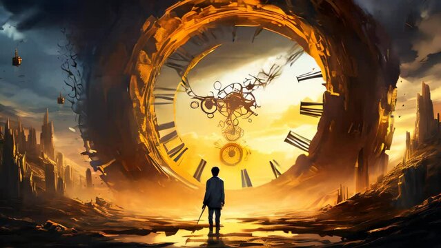 A man standing in front of a giant clock. Surreal time loop, time travel or time related animation.