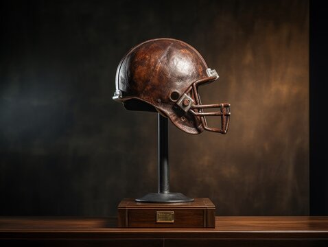 A vintage leather football helmet on a pedestal, with the side lighting evoking a sense of history and nostalgia, showcasing its textures and colors