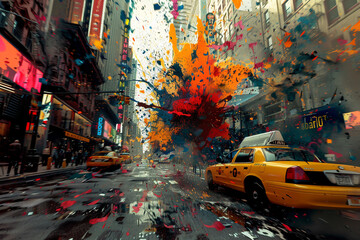 Exaggerated expression, graphic novel art, splashes of color in urban chaos, 3d render - obrazy, fototapety, plakaty