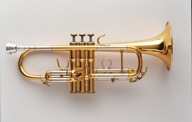 A high-resolution image showcasing a polished golden trumpet against an off-white backdrop,...