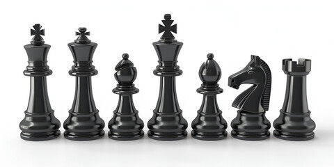 Black chess pieces isolated on white background,pieces set, chess strategy, chess tactics, chess competition, chess tournament, 
